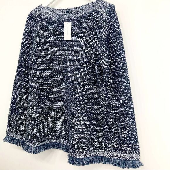 Ann Taylor Navy Blue Metallic Silver Sequin Boat Neck Fringed Knit Sweater - Picture 9 of 16